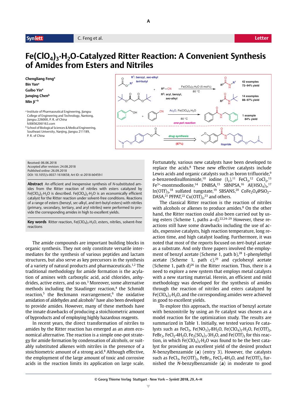 fe(clo4)3·h2o-catalyzed ritter reaction: a convenient synthesis