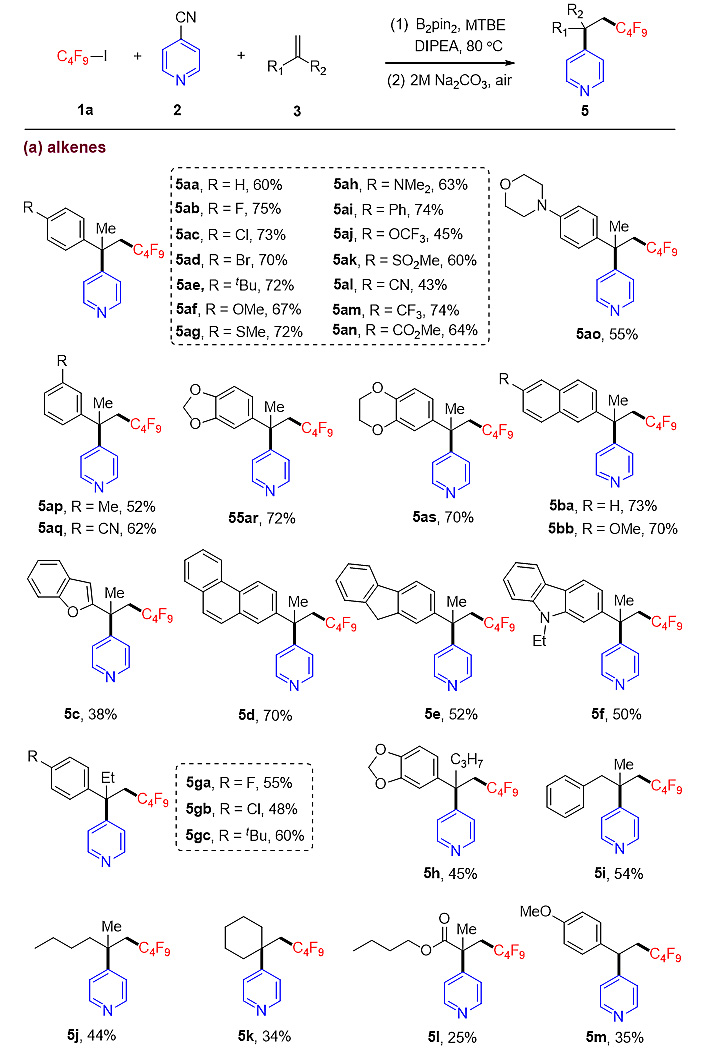 计算驱动的有机合成:无金属参与的烯烃的吡啶-全氟烷基双官能团化新