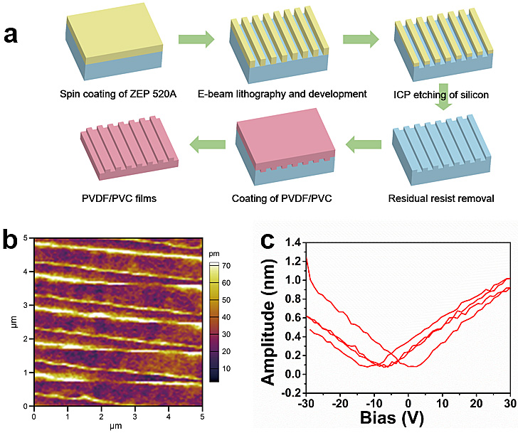 图1 聚偏二氟乙烯(pvdf)坑条阵列结构制备流程及压电性表征