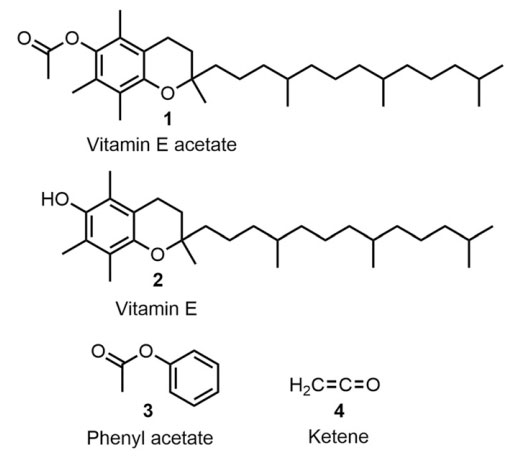 维生素e醋酸酯,维生素e,醋酸苯酯和乙烯酮的化学结构.