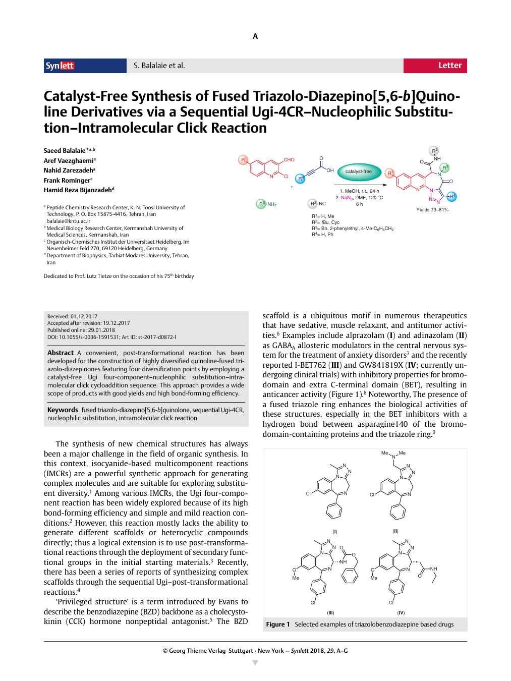 Catalyst Free Synthesis Of Fused Triazolo Diazepino 5 6 B Quinoline Derivatives Via A Sequential Ugi 4cr Nucleophilic Substitution Intramolecular Click Reaction Synlett X Mol