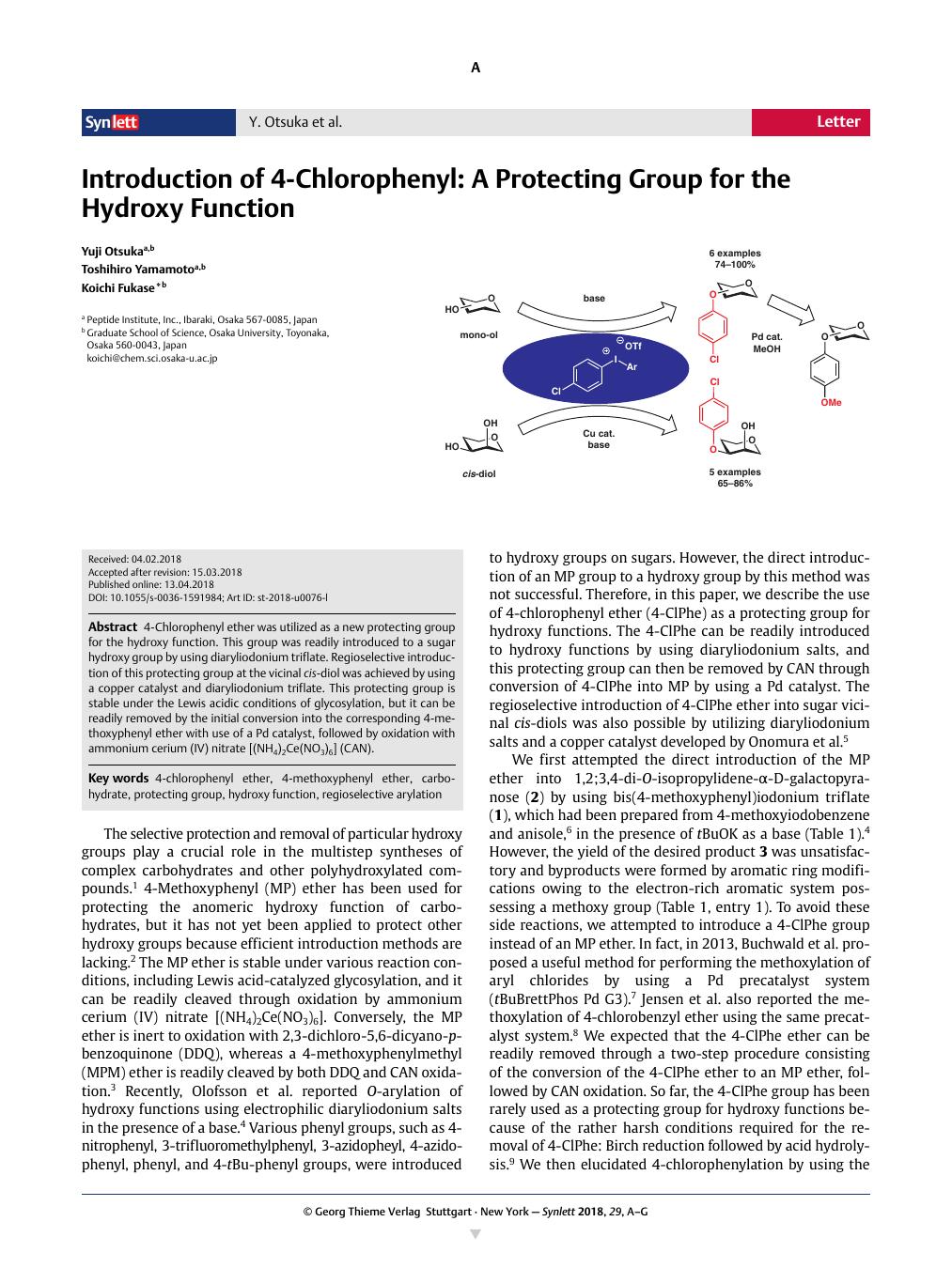 Introduction of 4-Chlorophenyl: A Protecting Group for the Hydroxy