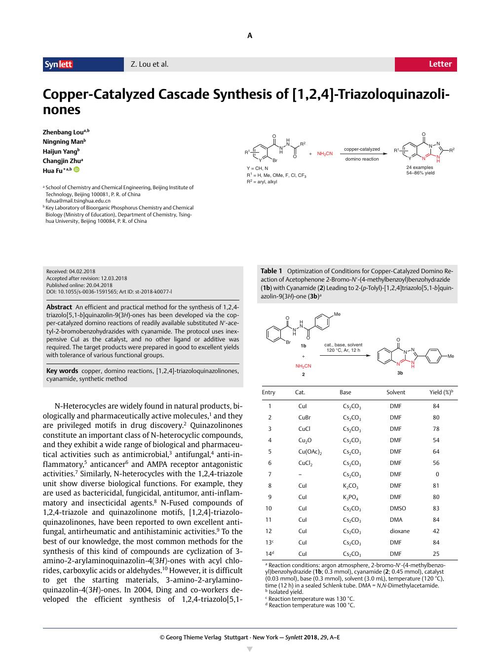 Copper Catalyzed Cascade Synthesis Of 1 2 4 Triazoloquinazolinones Synlett X Mol