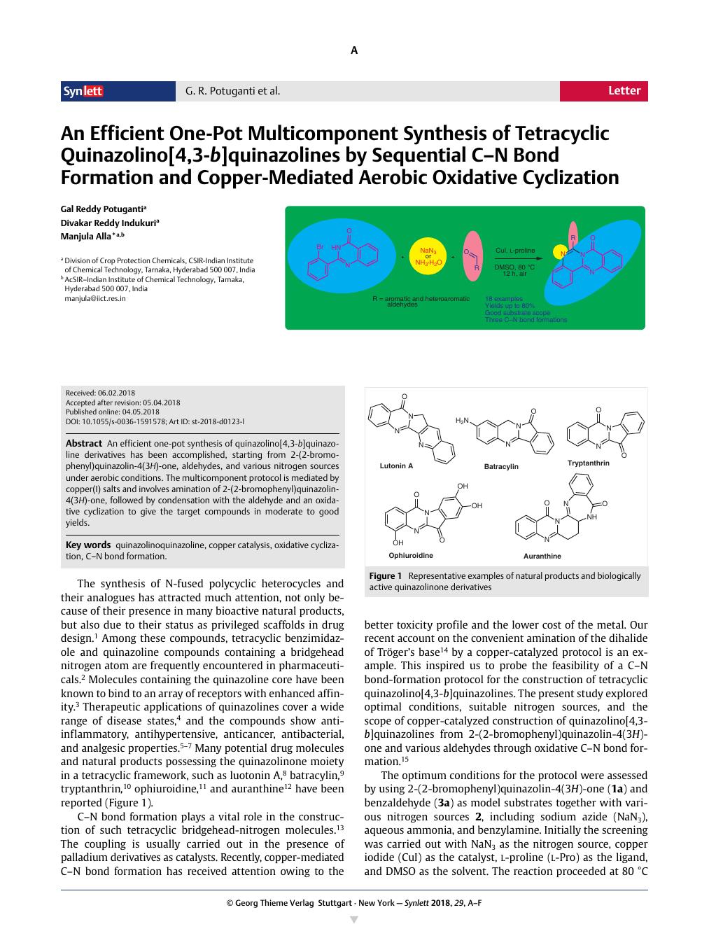 An Efficient One Pot Multicomponent Synthesis Of Tetracyclic Quinazolino 4 3 B Quinazolines By Sequential C N Bond Formation And Copper Mediated Aerobic Oxidative Cyclization Synlett X Mol