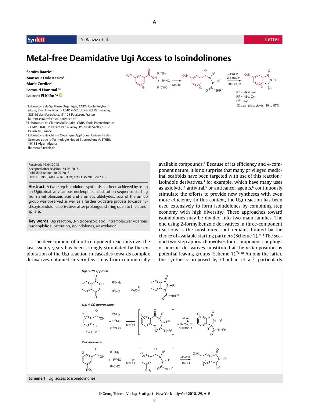 Metal-free Deamidative Ugi Access to Isoindolinones,Synlett - X-MOL
