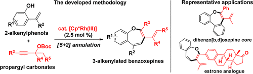 Rh Iii Catalyzed Oxidative 5 2 Annulation Using Two Transient Assisting Groups Stereospecific Assembly Of 3 Alkenylated Benzoxepine Framework Organic Letters X Mol