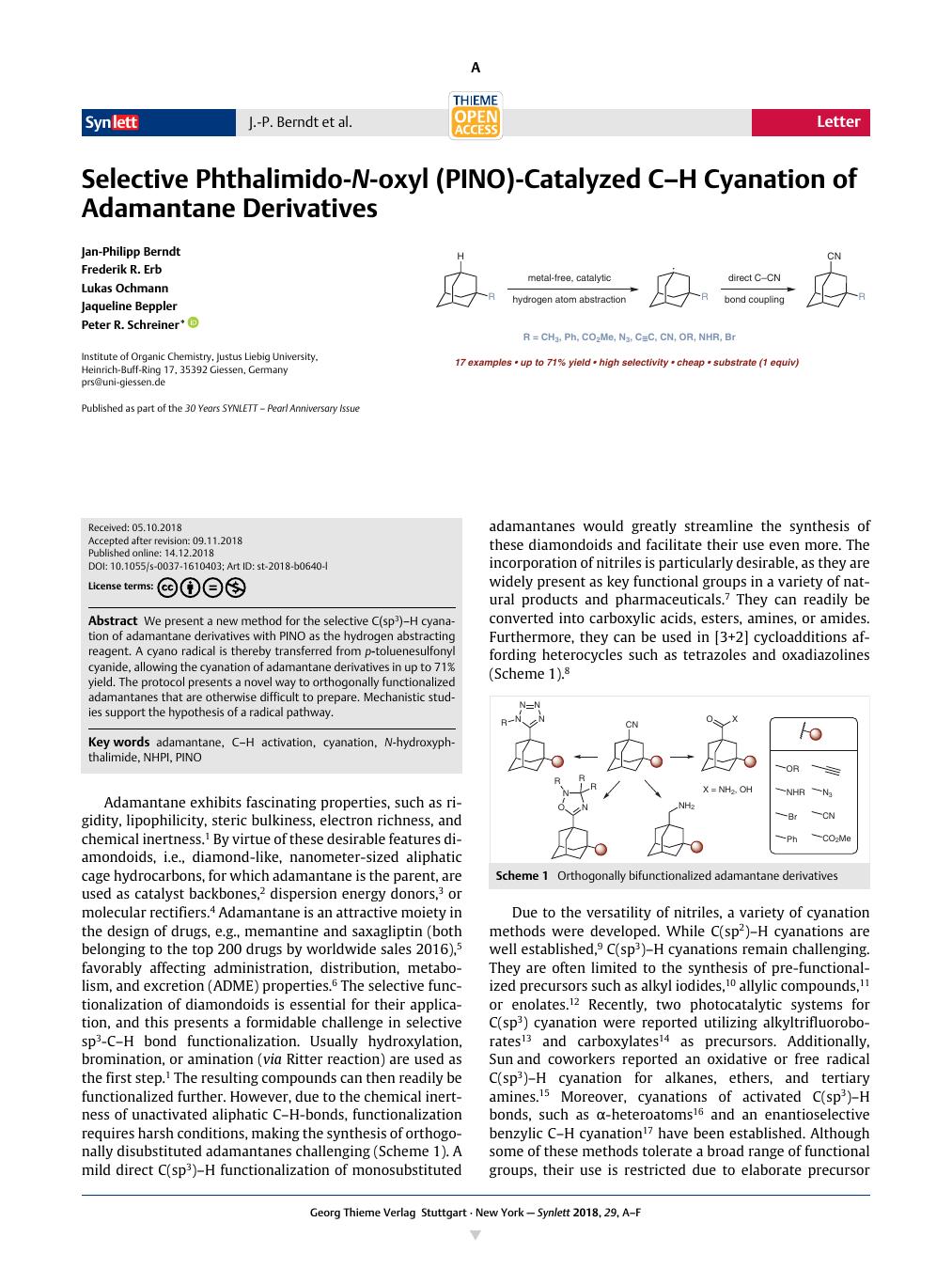 Selective Phthalimido N Oxyl Pino Catalyzed C H Cyanation Of Adamantane Derivatives Synlett X Mol