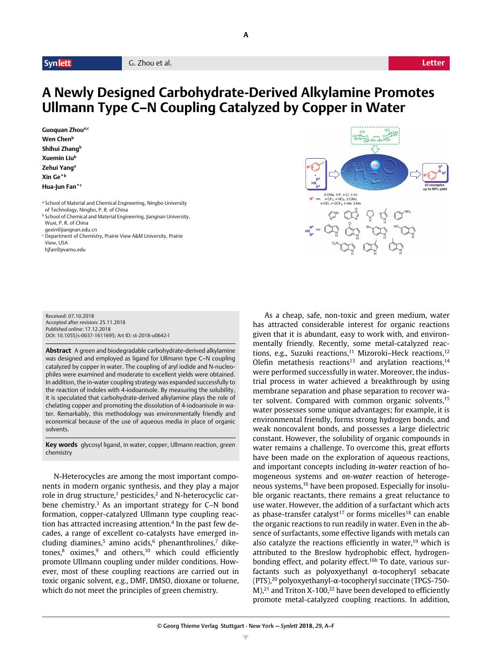 A Newly Designed Carbohydrate Derived Alkylamine Promotes Ullmann Type C N Coupling Catalyzed By Copper In Water Synlett X Mol