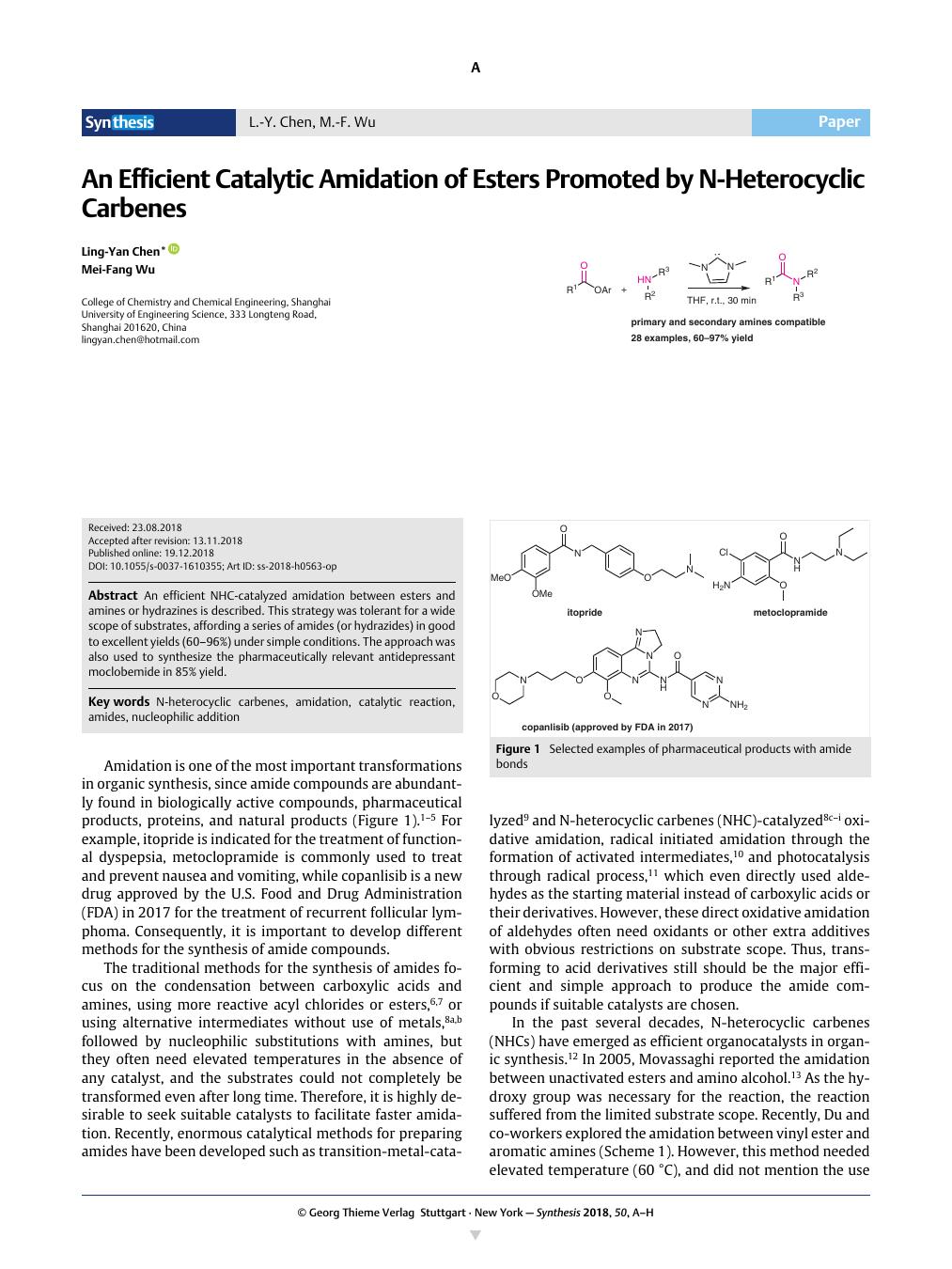 An Efficient Catalytic Amidation Of Esters Promoted By N Heterocyclic Carbenes Synthesis X Mol