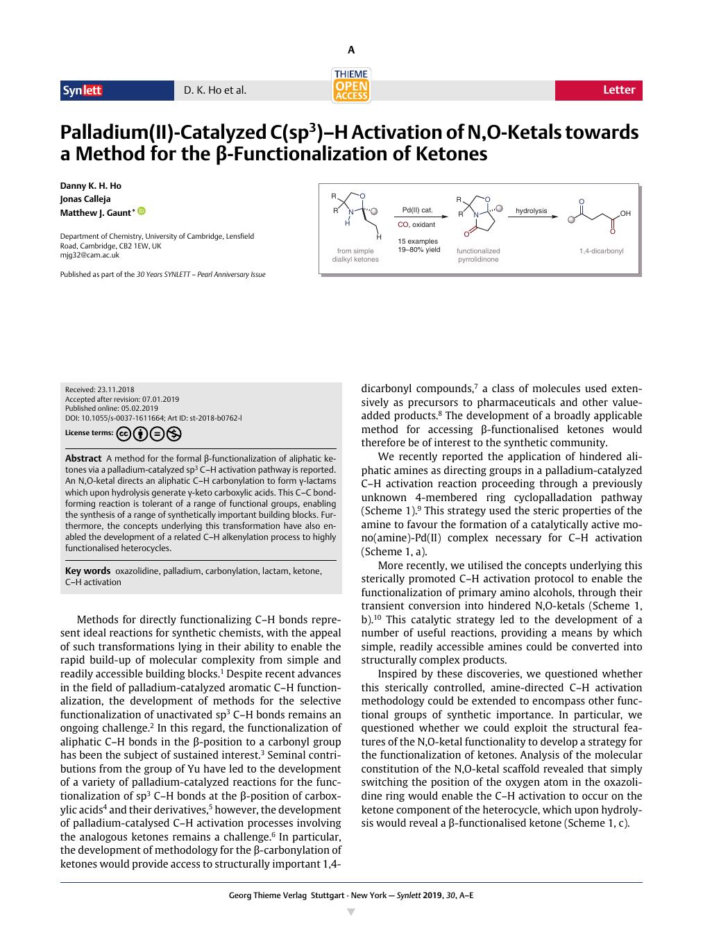 Palladium Ii Catalyzed C Sp3 H Activation Of N O Ketals Towards A Method For The B Functionalization Of Ketones Synlett X Mol