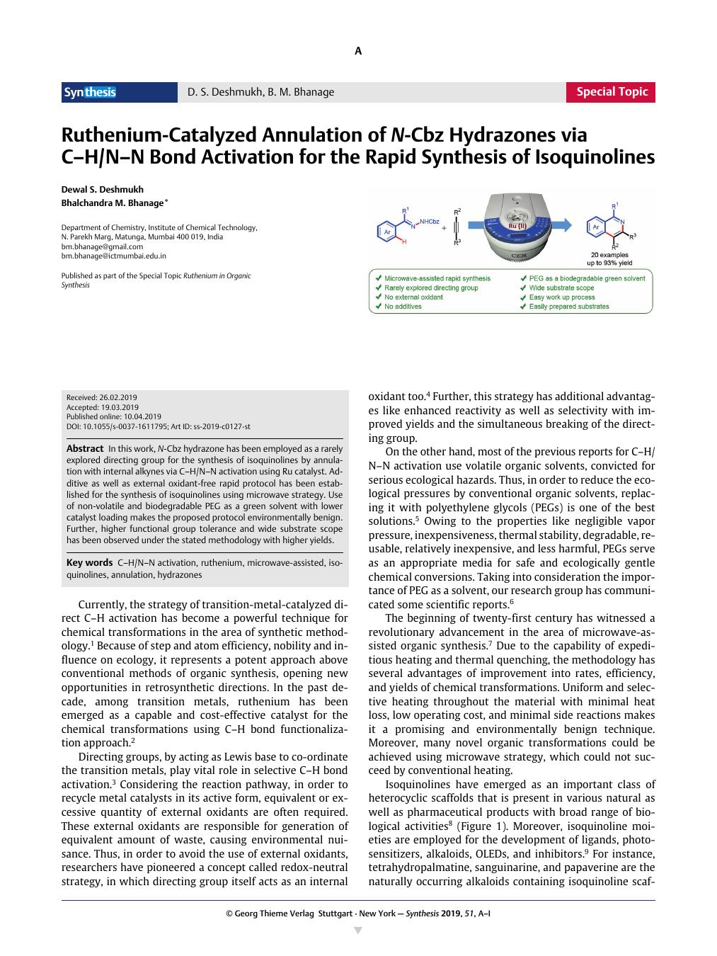 Ruthenium Catalyzed Annulation Of N Cbz Hydrazones Via C H N N Bond Activation For The Rapid Synthesis Of Isoquinolines Synthesis X Mol
