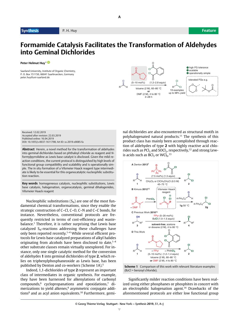 Formamide Catalysis Facilitates The Transformation Of Aldehydes Into Geminal Dichlorides Synthesis X Mol