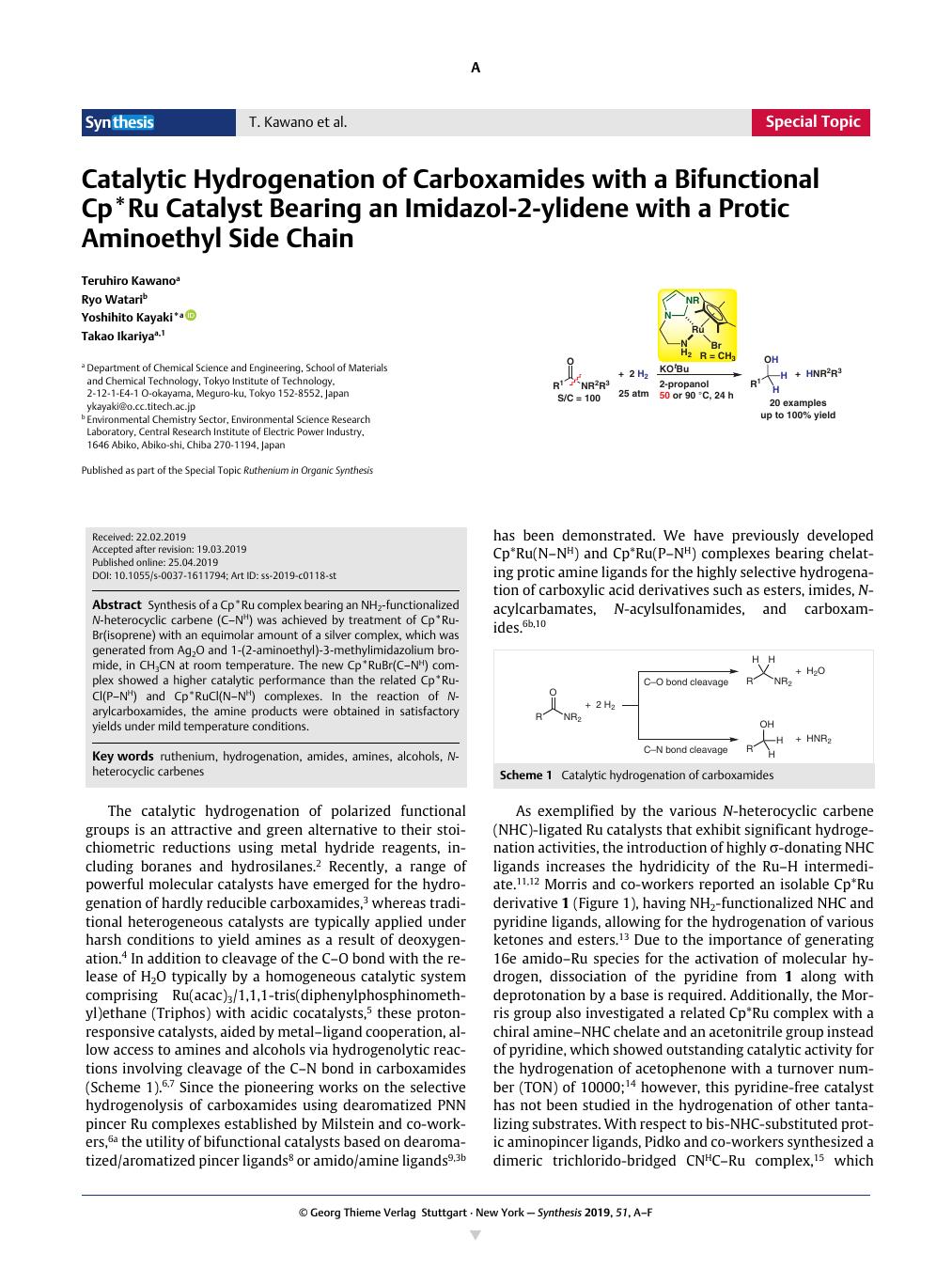Catalytic Hydrogenation Of Carboxamides With A Bifunctional Cp Ru Catalyst Bearing An Imidazol 2 Ylidene With A Protic Aminoethyl Side Chain Synthesis X Mol