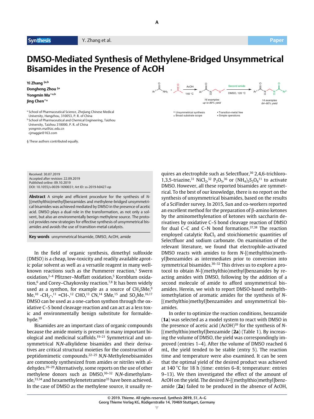 Dmso Mediated Synthesis Of Methylene Bridged Unsymmetrical Bisamides In The Presence Of Acoh Synthesis X Mol