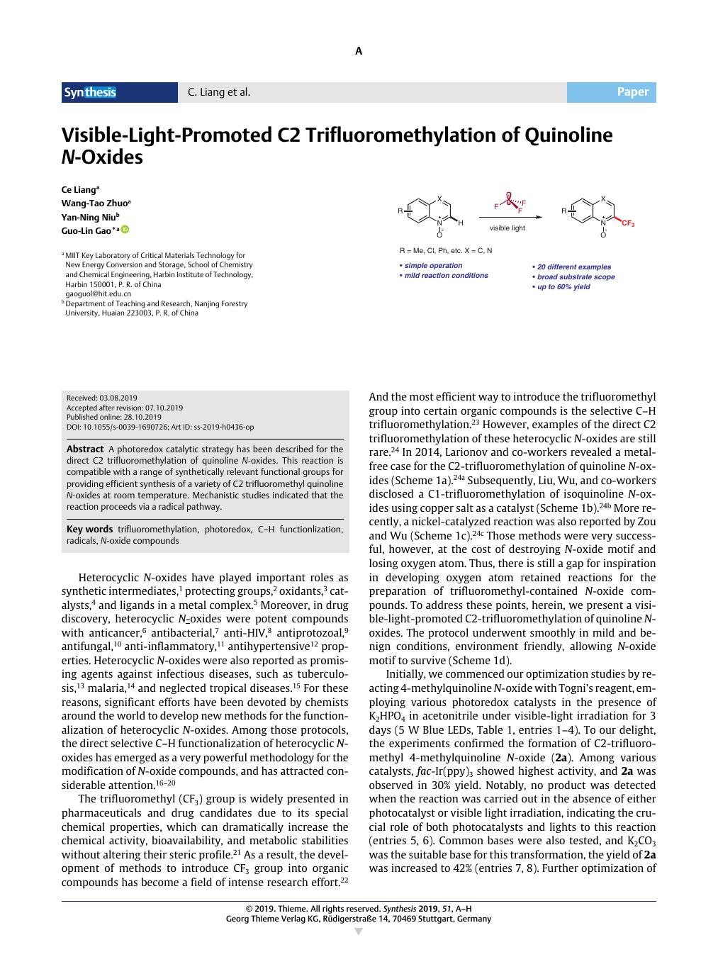 Visible Light Promoted C2 Trifluoromethylation Of Quinoline N Oxides Synthesis X Mol