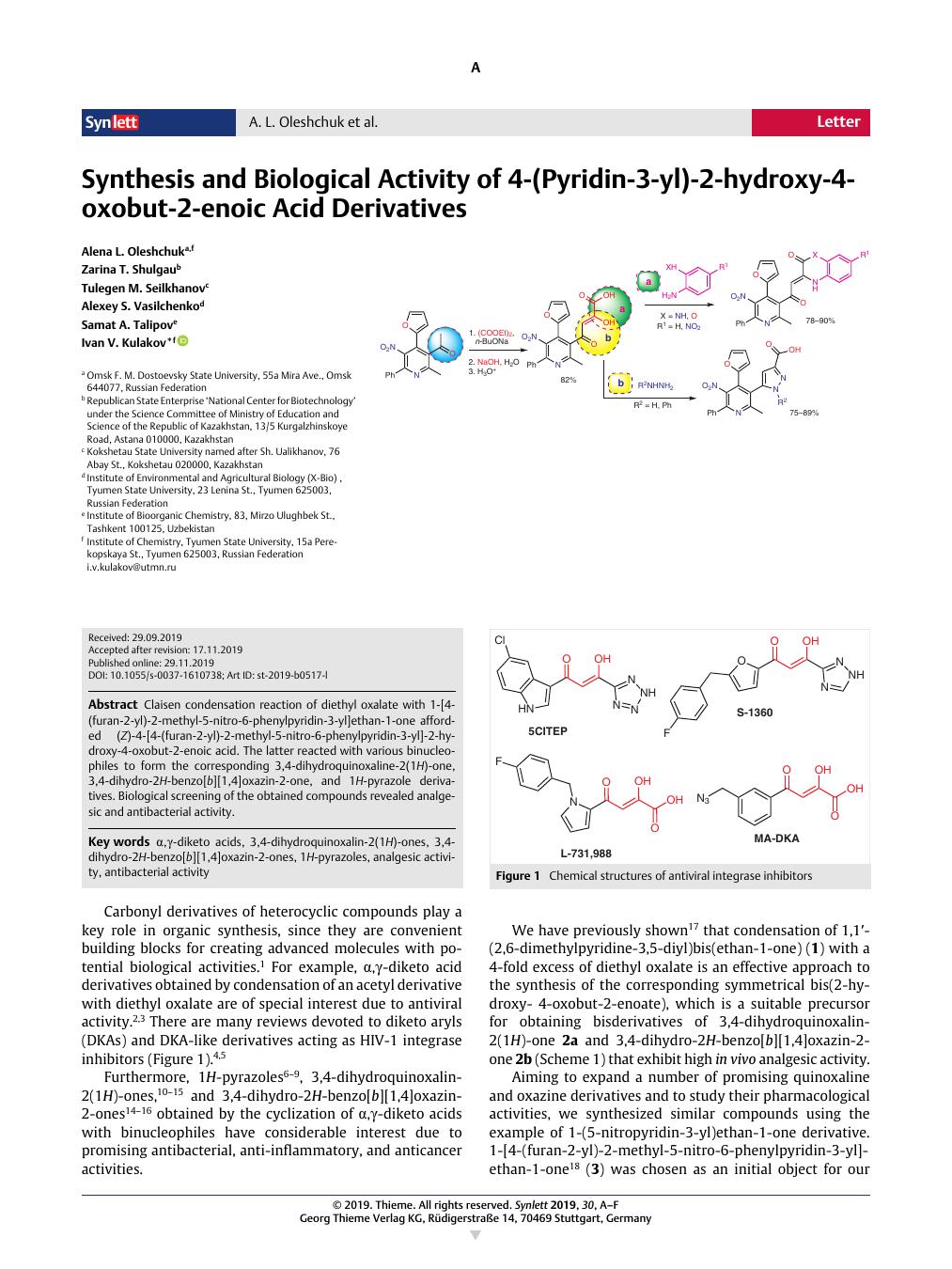 Synthesis And Biological Activity Of 4 Pyridin 3 Yl 2 Hydroxy 4 Oxobut 2 Enoic Acid Derivatives Synlett X Mol