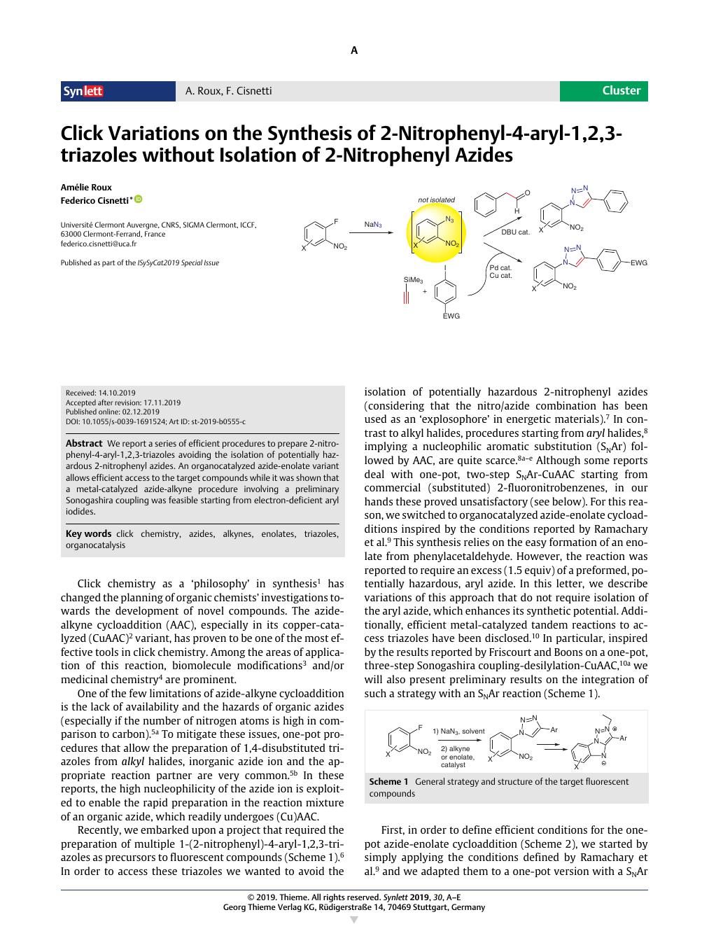 不分离2 硝基苯基叠氮化物合成2 硝基苯基 4 芳基 1 2 3 三唑的点击变化 Synlett X Mol