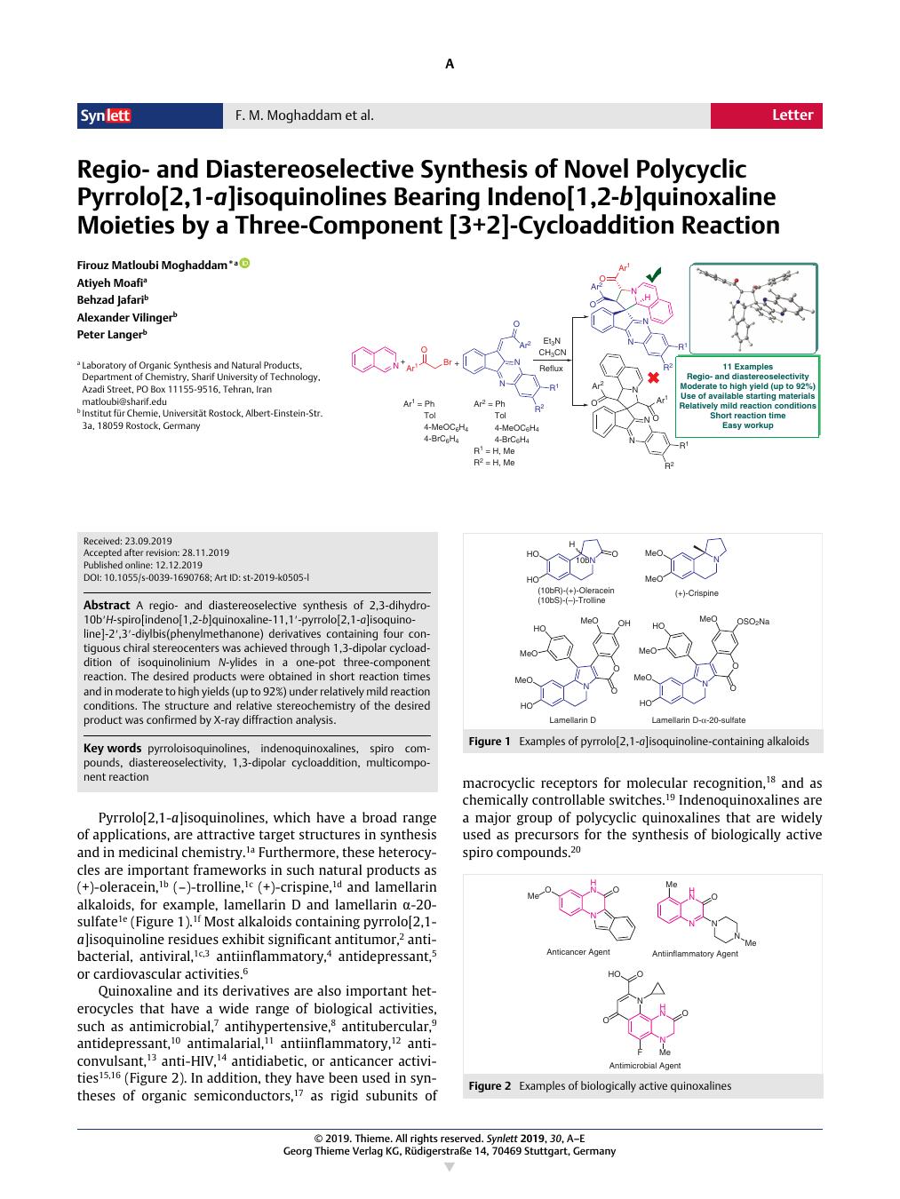 Regio- And Diastereoselective Synthesis Of Novel Polycyclic Pyrrolo[2,1 ...