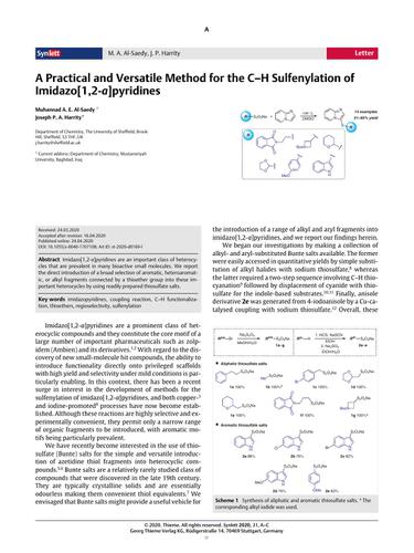 A Practical And Versatile Method For The C H Sulfenylation Of Imidazo 1 2 A Pyridines Synlett X Mol