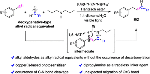 P N Heteroleptic Cu I Photosensitizer Catalyzed Deoxygenative Radical Alkylation Of Aromatic Alkynes With Alkyl Aldehydes Using Dipropylamine As A Traceless Linker Agent Acs Catalysis X Mol