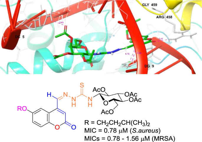N 2 3 4 6 Tetra O Acetyl B D Glucopyranosyl Thiosemicarbazones Of 6 Alkoxy 2 Oxo 2 H Chromene 4 Carbaldehydes Synthesis Evaluation Of Their Antibacterial Anti Mrsa Antifungal Activity And Docking Study Medicinal Chemistry Research X Mol